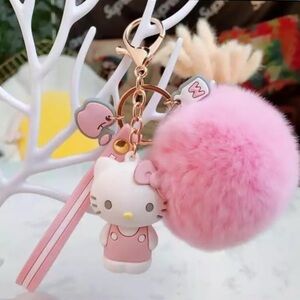 💚 Hello Kitty Pink Fluffy Pom Pom Keychain • NIP
